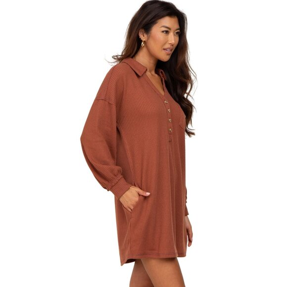 New L&B Womens Waffle Knit Brown Long Sleeve Button Down Shirt Dress Size Large - Picture 9 of 9